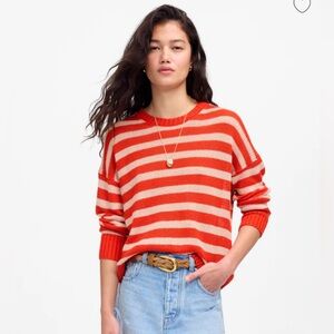 Madewell Linen Drop-Shoulder Sweater in Orange Cream Stripe Coastal Boho Sz. S